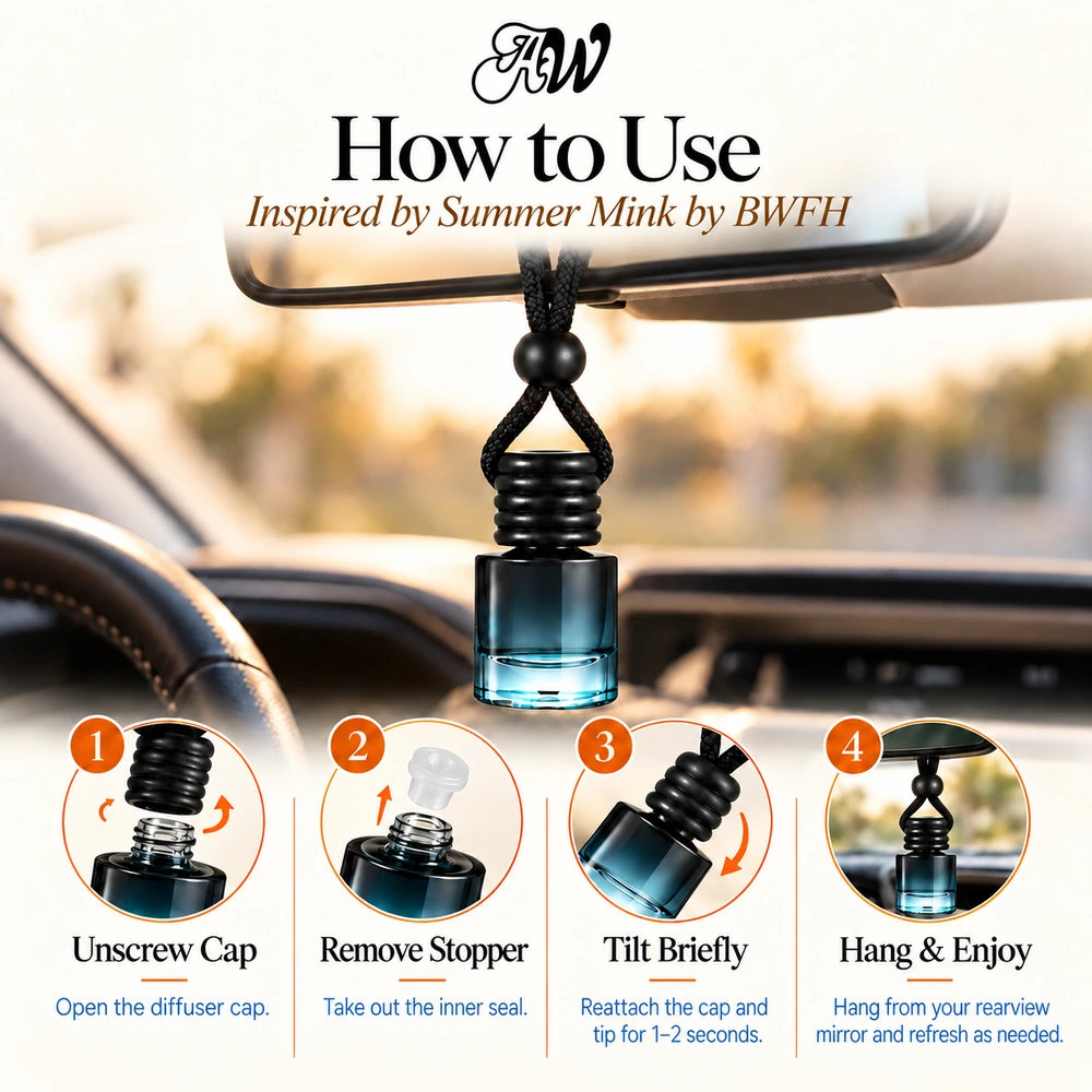 Four steps showing how to open, activate and hang the Ancient Wellness Summer Mink car diffuser