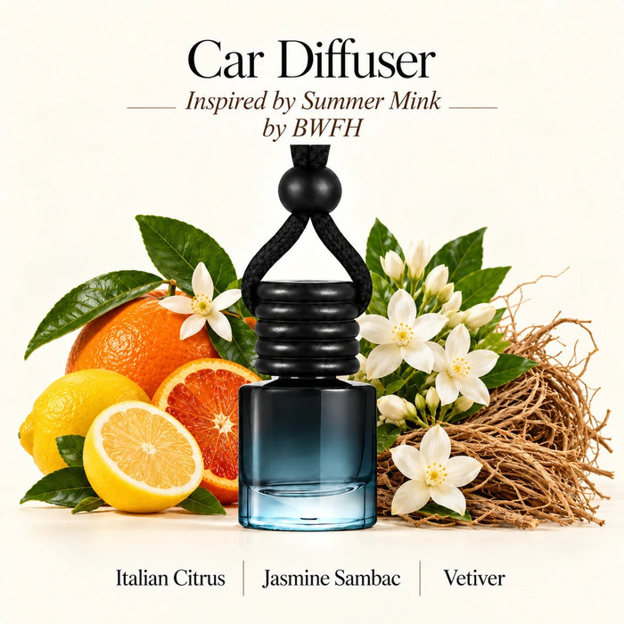 Summer Mink Inspired by BWFH car diffuser by Ancient Wellness with imagery representing Italian Citrus, Jasmine Sambac, Vetiver