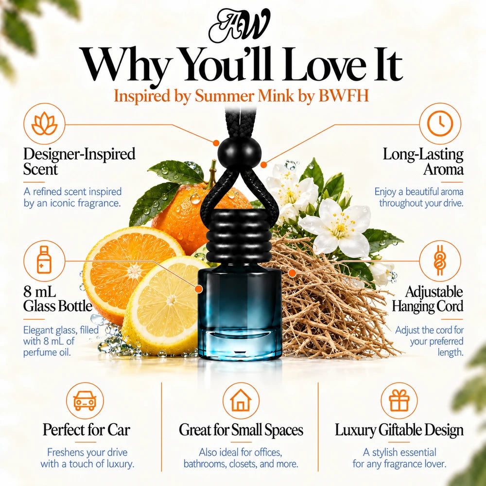 Summer Mink car diffuser benefits infographic with Italian Citrus, Jasmine Sambac, Vetiver scent imagery by Ancient Wellness