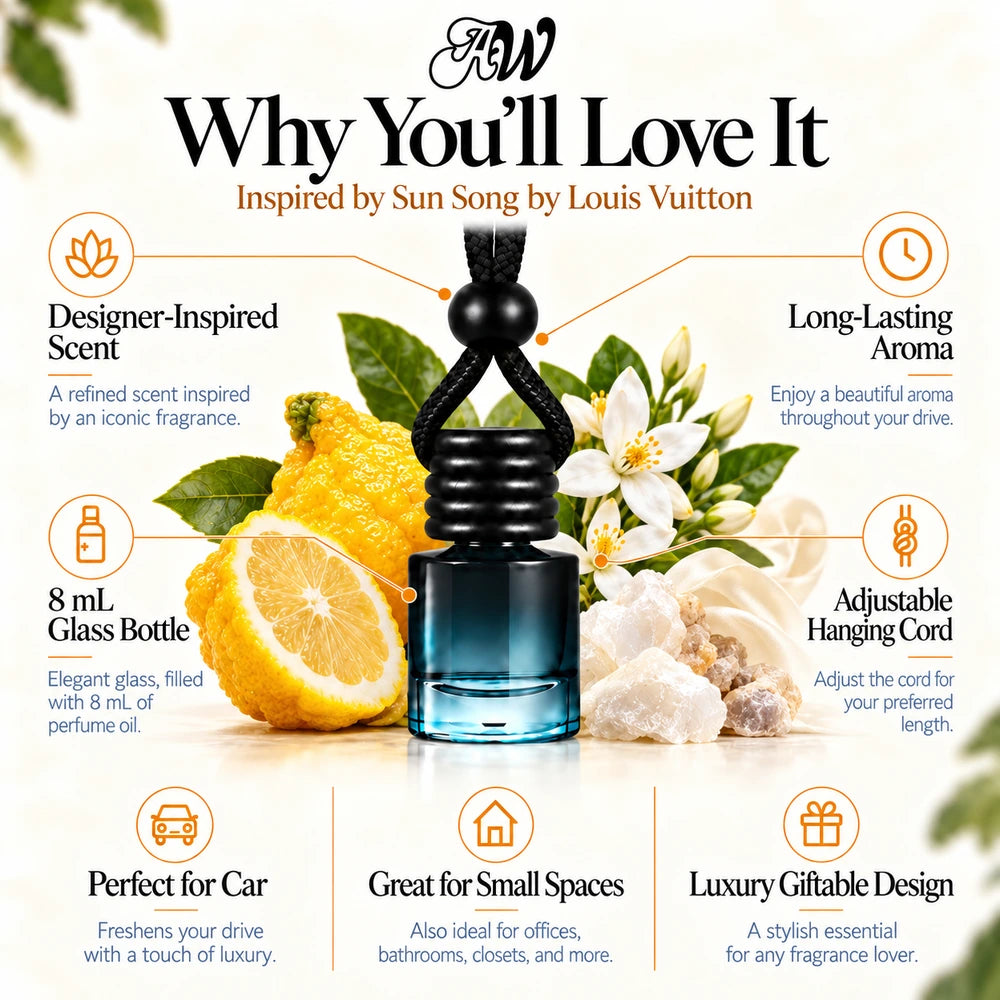 Sun Song car diffuser benefits infographic with Citron, Orange Blossom, Musk imagery by Ancient Wellness