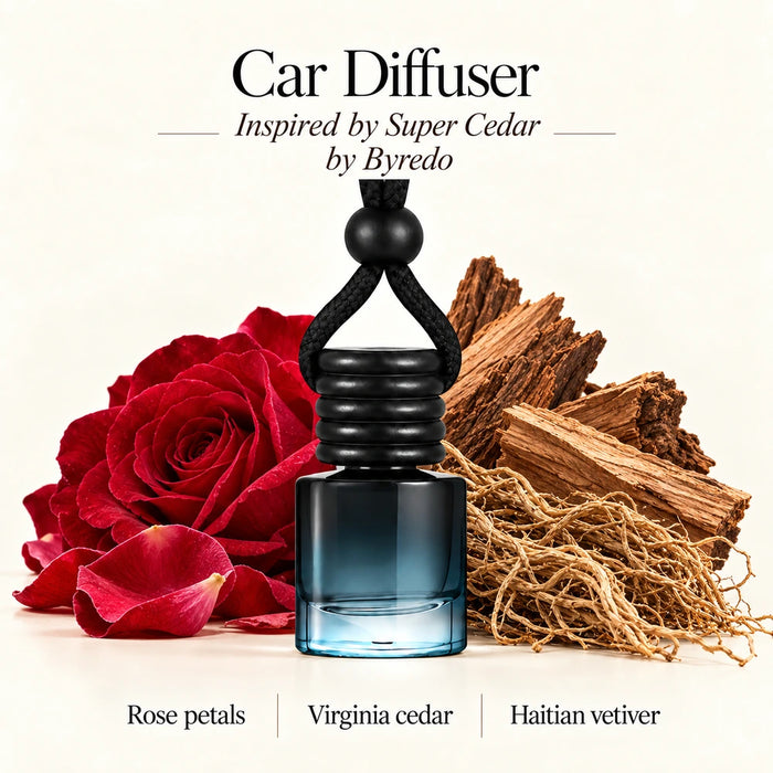 Super Cedar Inspired by Byredo car diffuser with Rose petals, Virginia cedar, Haitian vetiver scent imagery by Ancient Wellness