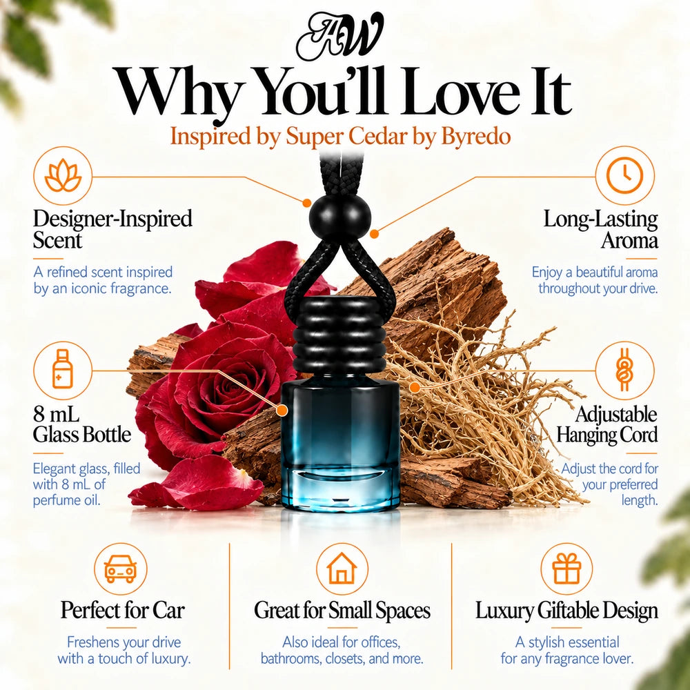 Super Cedar car diffuser benefits infographic with Rose petals, Virginia cedar, Haitian vetiver imagery by Ancient Wellness