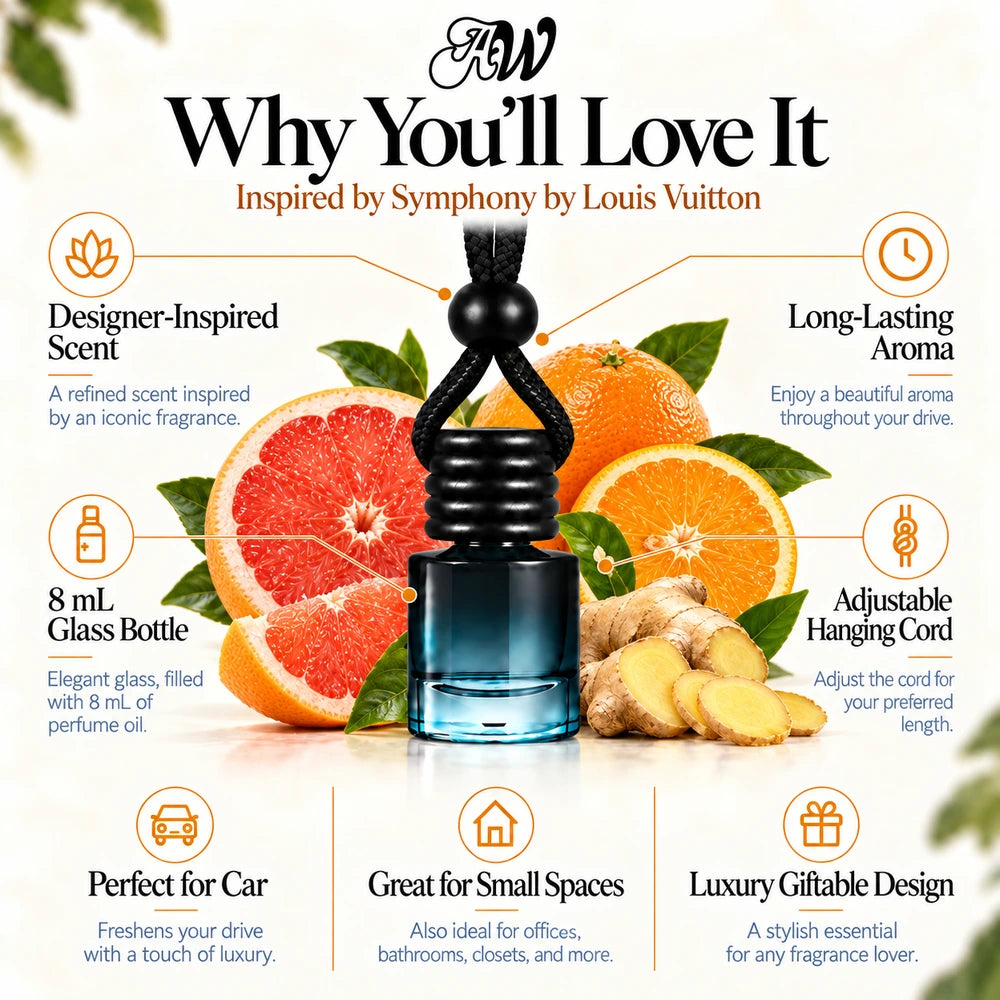 Symphony Inspired by Louis Vuitton car diffuser with Grapefruit, Orange, Ginger scent imagery by Ancient Wellness