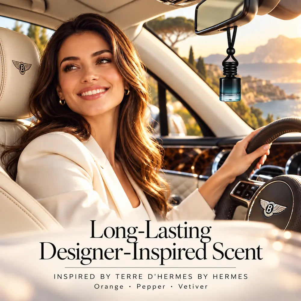 Terre D'Hermes inspired car diffuser in a warm luxury car lifestyle scene