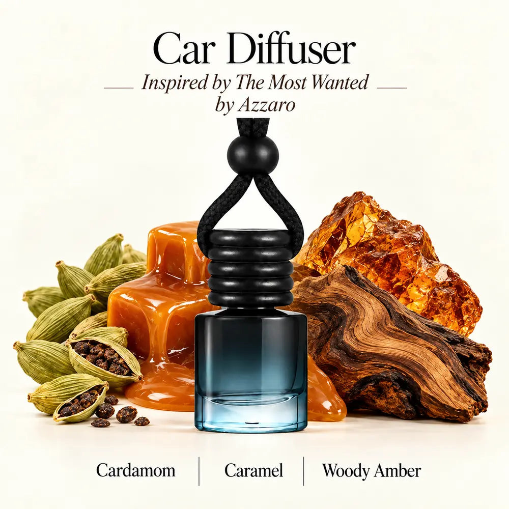 The Most Wanted Inspired by Azzaro car diffuser with cardamom, caramel and woody amber scent imagery by Ancient Wellness
