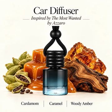 The Most Wanted Inspired by Azzaro car diffuser with cardamom, caramel and woody amber scent imagery by Ancient Wellness