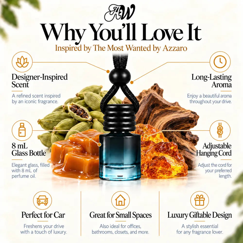 The Most Wanted Inspired by Azzaro car diffuser with cardamom, caramel and woody amber scent imagery by Ancient Wellness