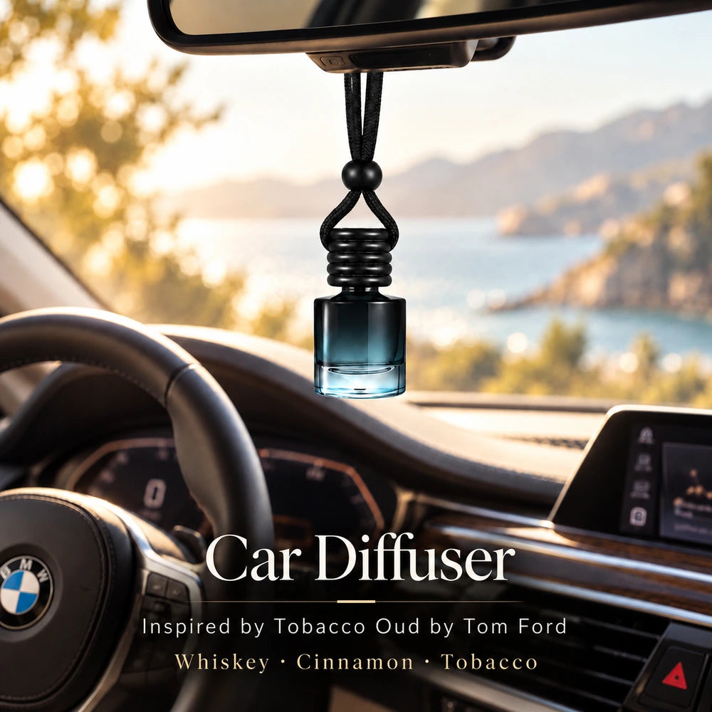 Tobacco Oud Inspired by Tom Ford car diffuser hanging in a BMW interior with Whiskey, Cinnamon, Tobacco notes