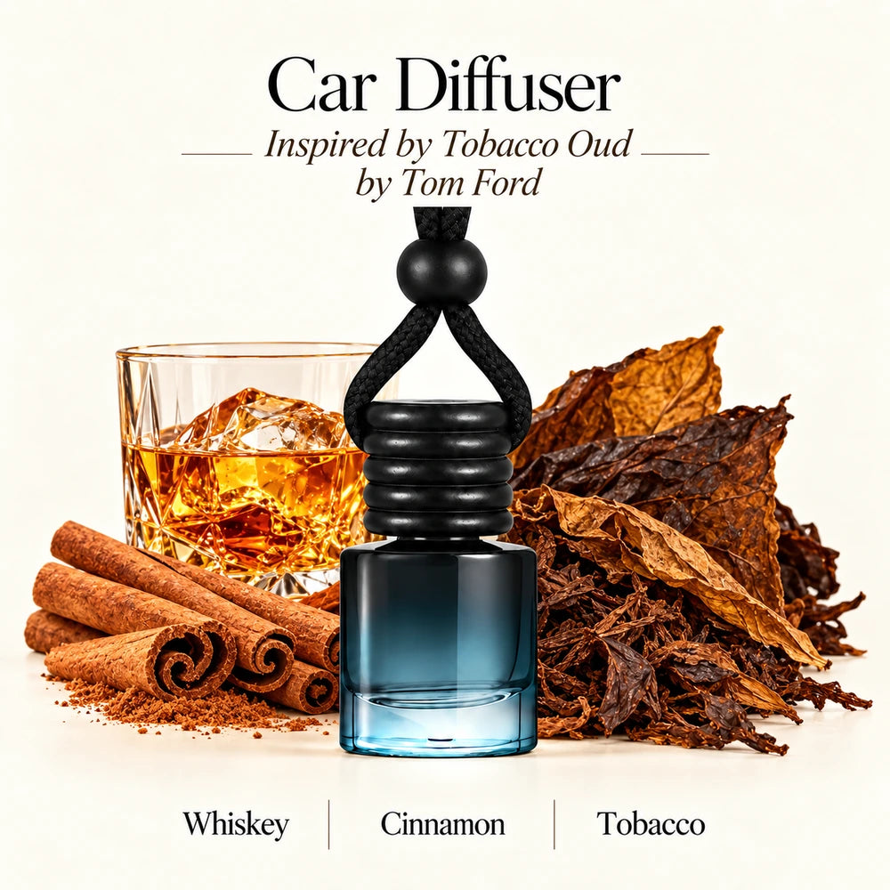 Tobacco Oud Inspired by Tom Ford car diffuser with Whiskey, Cinnamon, Tobacco scent imagery by Ancient Wellness