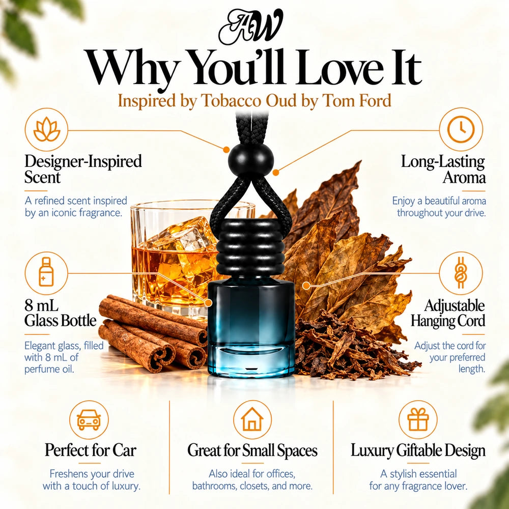 Tobacco Oud car diffuser benefits infographic with Whiskey, Cinnamon, Tobacco imagery by Ancient Wellness