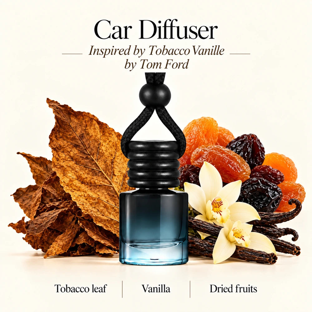 Tobacco Vanille Inspired by Tom Ford car diffuser with Tobacco leaf, Vanilla, Dried fruits scent imagery by Ancient Wellness