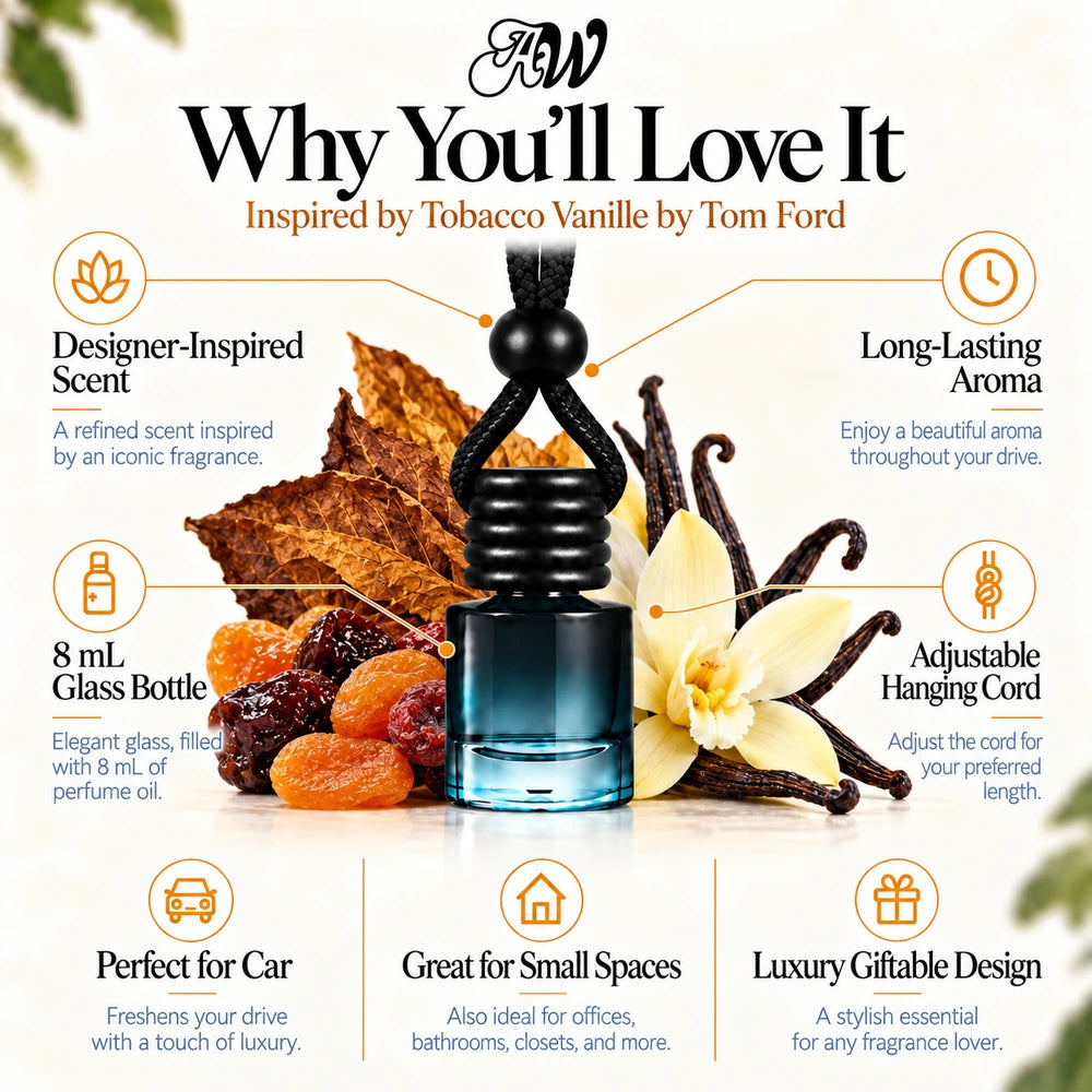 Tobacco Vanille car diffuser benefits infographic with Tobacco leaf, Vanilla, Dried fruits imagery by Ancient Wellness