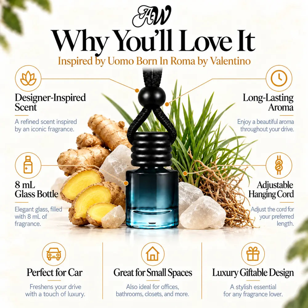 Why You'll Love It infographic for Uomo Born In Roma Inspired by Valentino car diffuser with scent ingredients and bottle features