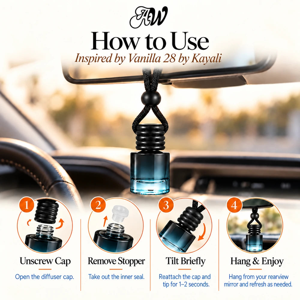 Vanilla 28 car diffuser hanging in a car with four illustrated setup steps