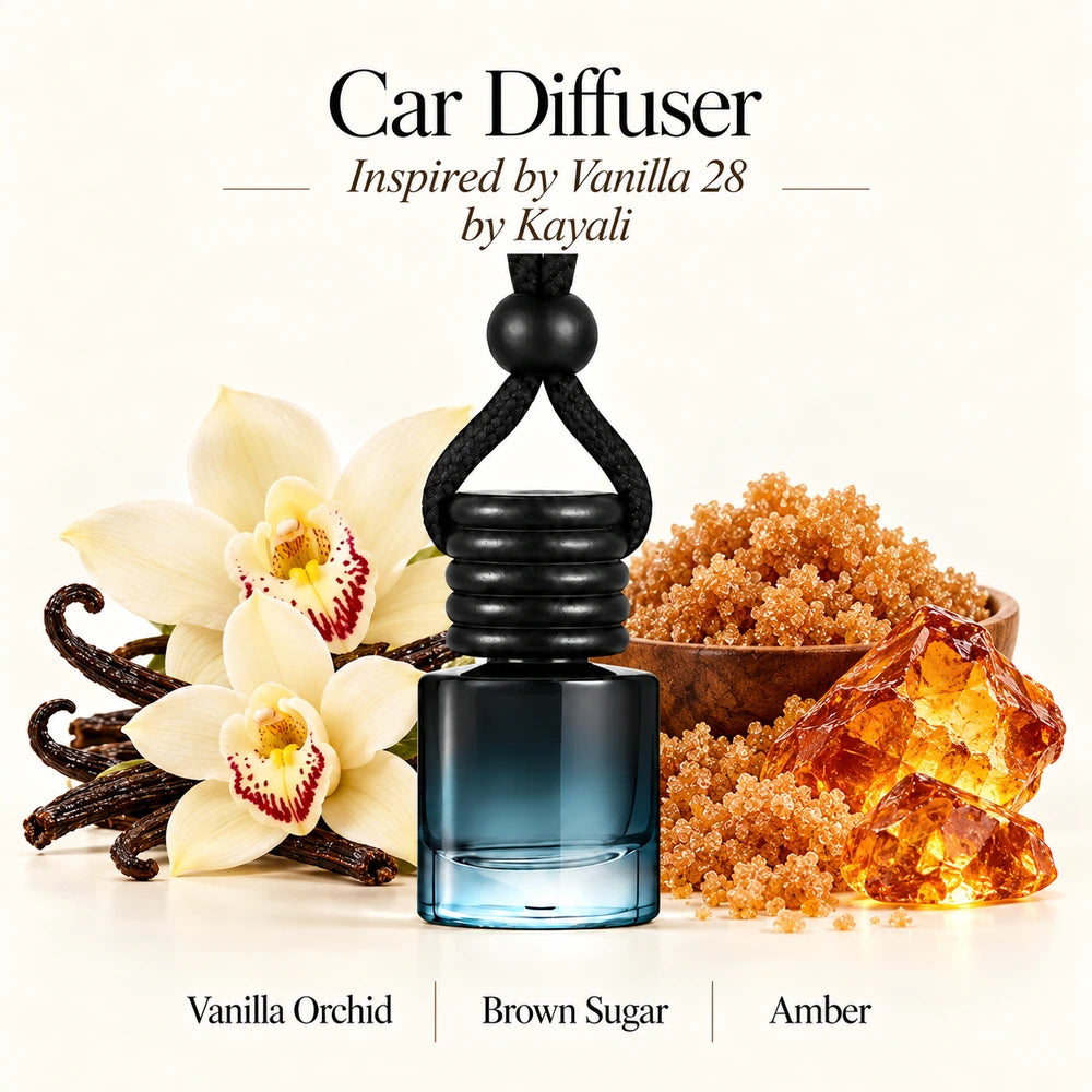 Vanilla 28 Inspired by Kayali car diffuser with Vanilla Orchid, Brown Sugar, Amber scent imagery by Ancient Wellness