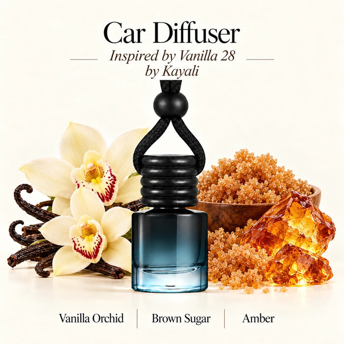 Vanilla 28 Inspired by Kayali car diffuser with Vanilla Orchid, Brown Sugar, Amber scent imagery by Ancient Wellness