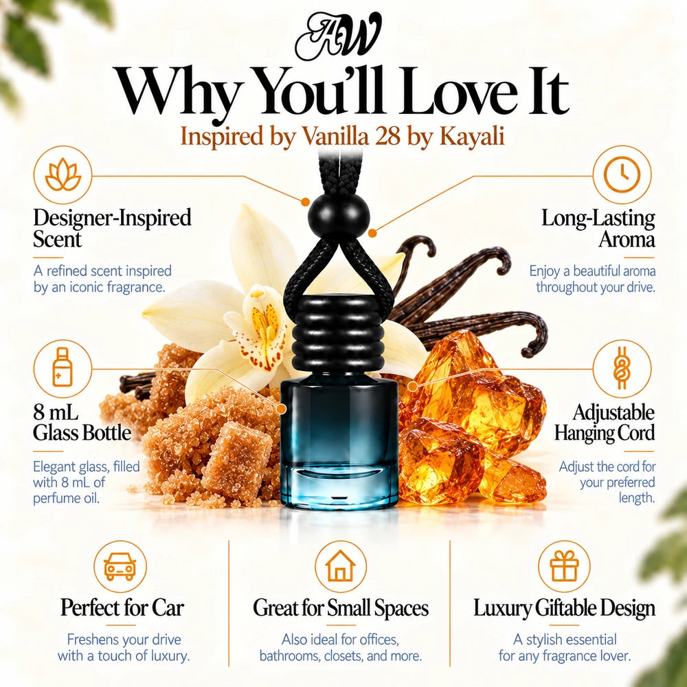 Vanilla 28 Inspired by Kayali car diffuser with Vanilla Orchid, Brown Sugar, Amber scent imagery by Ancient Wellness
