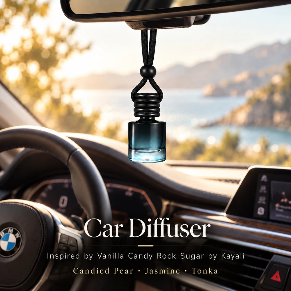 Vanilla Candy Rock Sugar Inspired by Kayali car diffuser hanging in a BMW interior with Candied Pear, Jasmine, Tonka notes