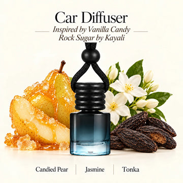 Vanilla Candy Rock Sugar Inspired by Kayali car diffuser with Candied Pear, Jasmine, Tonka scent imagery by Ancient Wellness
