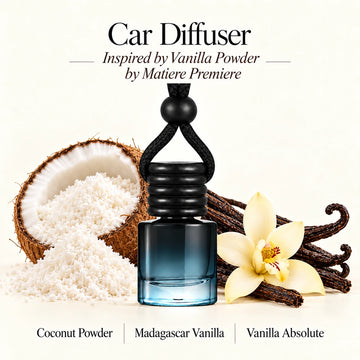 Vanilla Powder Inspired by Matiere Premiere car diffuser with Coconut Powder, Madagascar Vanilla, Vanilla Absolute scent imagery by Ancient Wellness