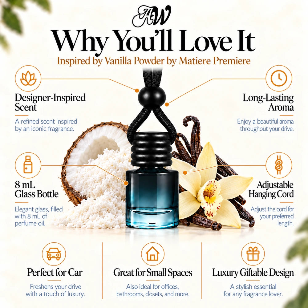 Vanilla Powder car diffuser benefits infographic with Coconut Powder, Madagascar Vanilla, Vanilla Absolute imagery by Ancient Wellness