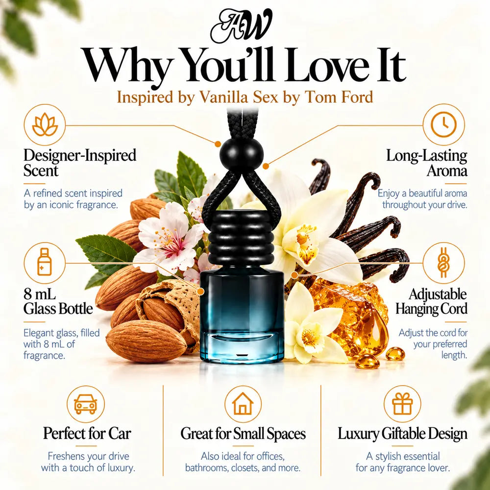 Why You'll Love It infographic for Vanilla Sex Inspired by Tom Ford car diffuser with almond and vanilla ingredients and bottle features