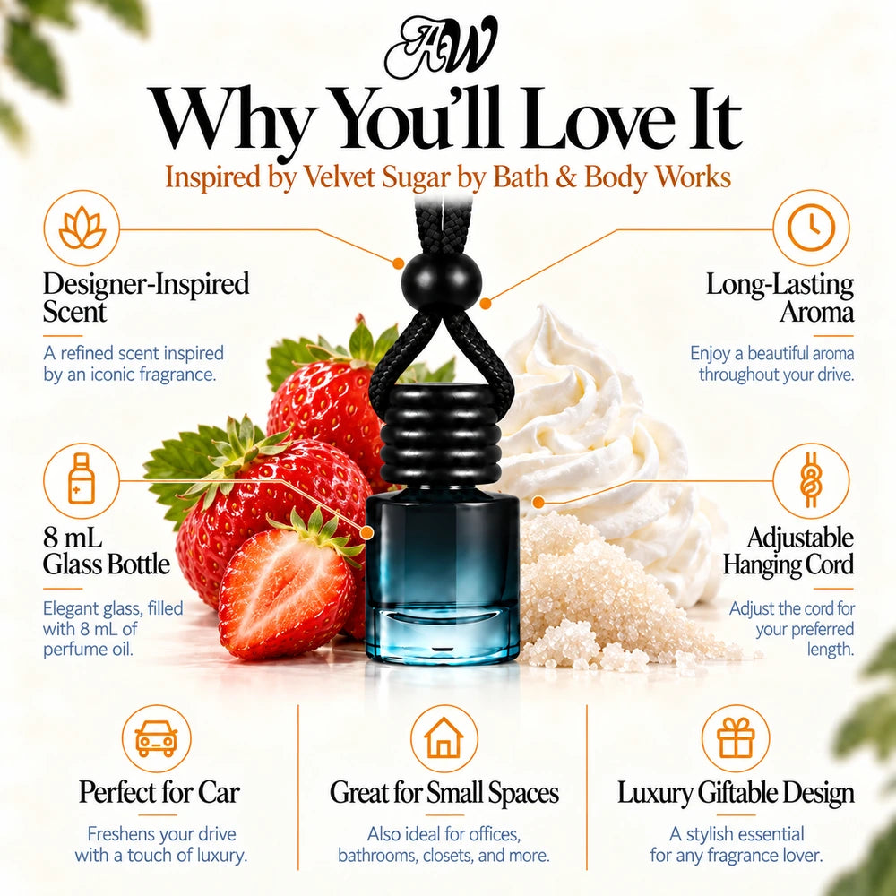 Velvet Sugar car diffuser benefits infographic with Wild Strawberry, Whipped Cream, Sugar imagery by Ancient Wellness