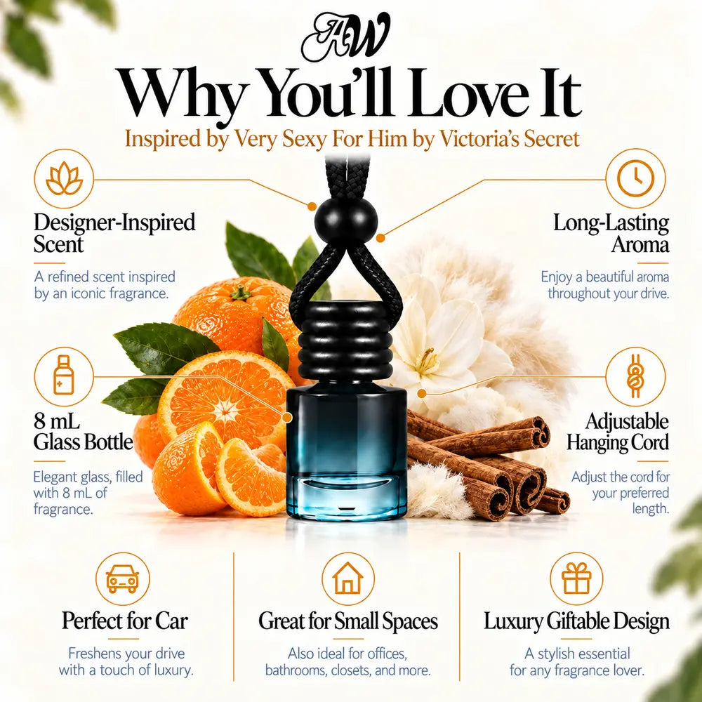 Why You'll Love It infographic for Very Sexy For Him Inspired by Victoria's Secret car diffuser with scent ingredients and bottle features