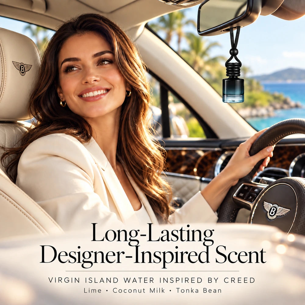 Smiling woman in a Bentley-style interior with the Ancient Wellness Virgin Island Water car diffuser hanging from the mirror