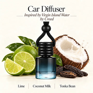 Virgin Island Water Inspired by Creed car diffuser with Lime, Coconut Milk, Tonka Bean scent imagery by Ancient Wellness