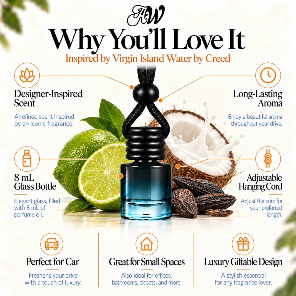 Virgin Island Water Inspired by Creed car diffuser with Lime, Coconut Milk, Tonka Bean scent imagery by Ancient Wellness