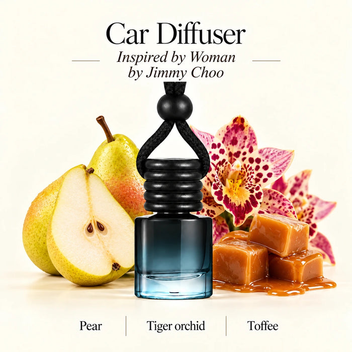 Woman Inspired by Jimmy Choo car diffuser with Pear, Tiger orchid, Toffee scent imagery by Ancient Wellness