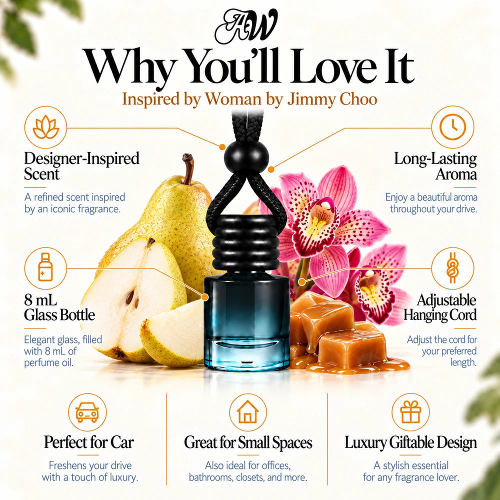 Woman car diffuser benefits infographic with Pear, Tiger orchid, Toffee imagery by Ancient Wellness