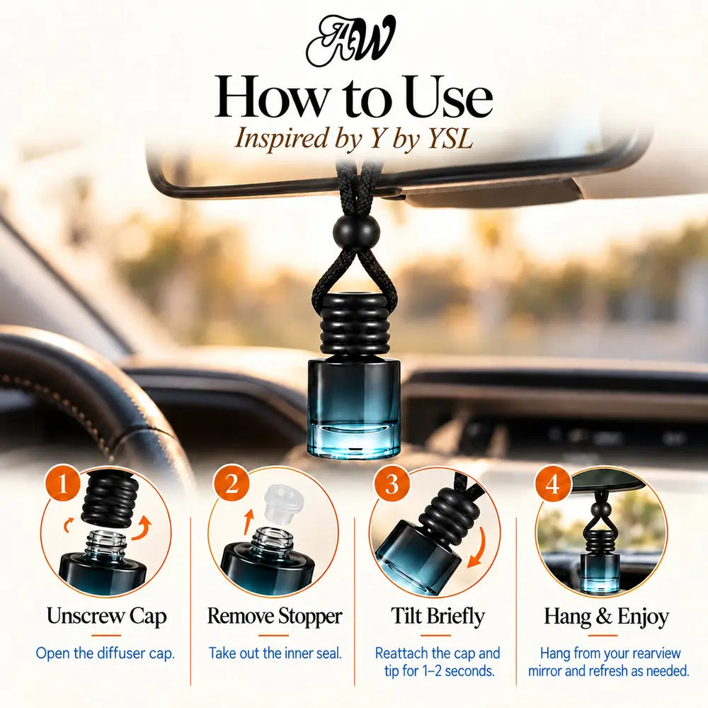 How to use the Y Inspired by YSL car diffuser hanging in a car with four illustrated steps
