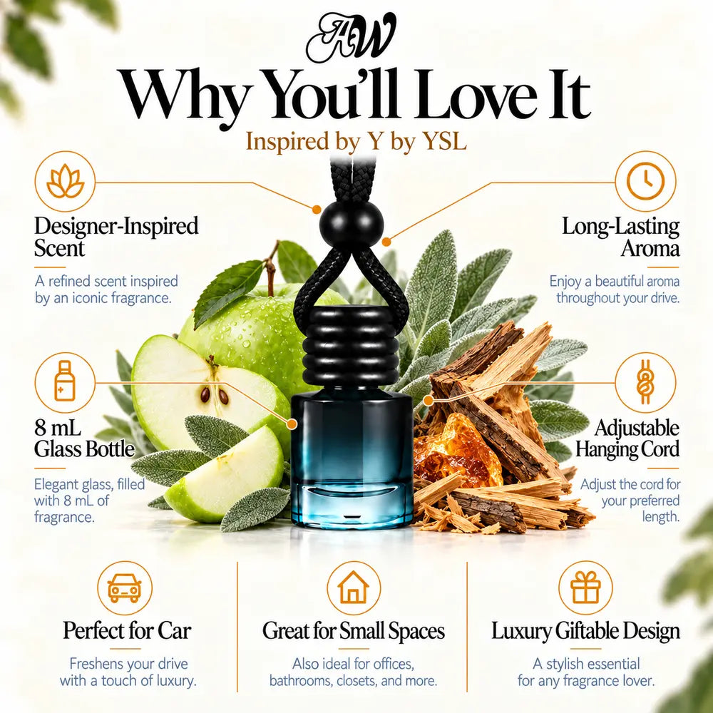 Why You'll Love It infographic for Y Inspired by YSL car diffuser with scent ingredients and bottle features