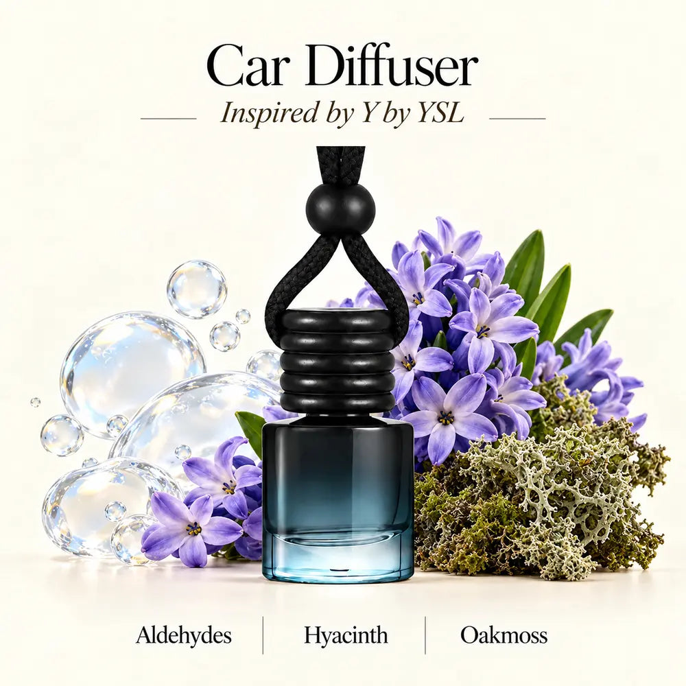 Y Inspired by YSL car diffuser with aldehydes, hyacinth and oakmoss scent imagery by Ancient Wellness
