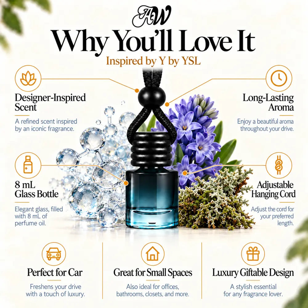 Y car diffuser benefits infographic with aldehydes, hyacinth and oakmoss imagery by Ancient Wellness