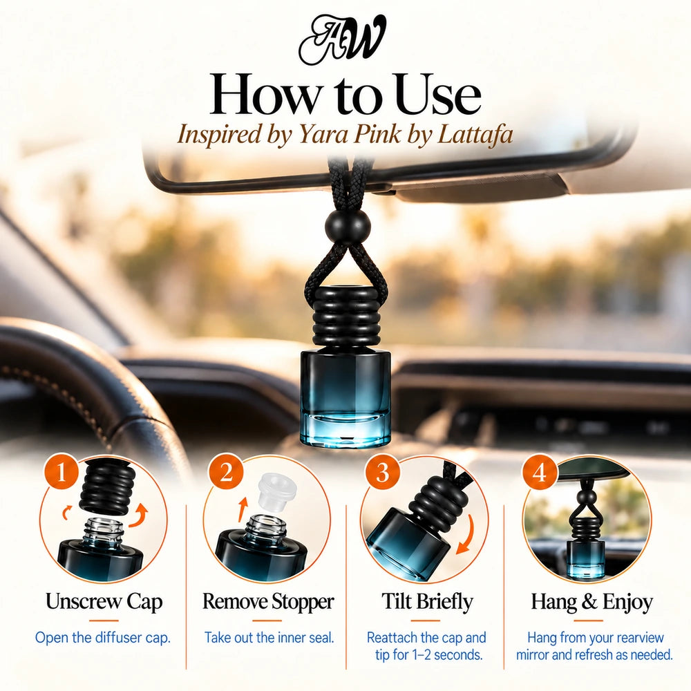 Yara Pink car diffuser hanging in a car with four illustrated setup steps