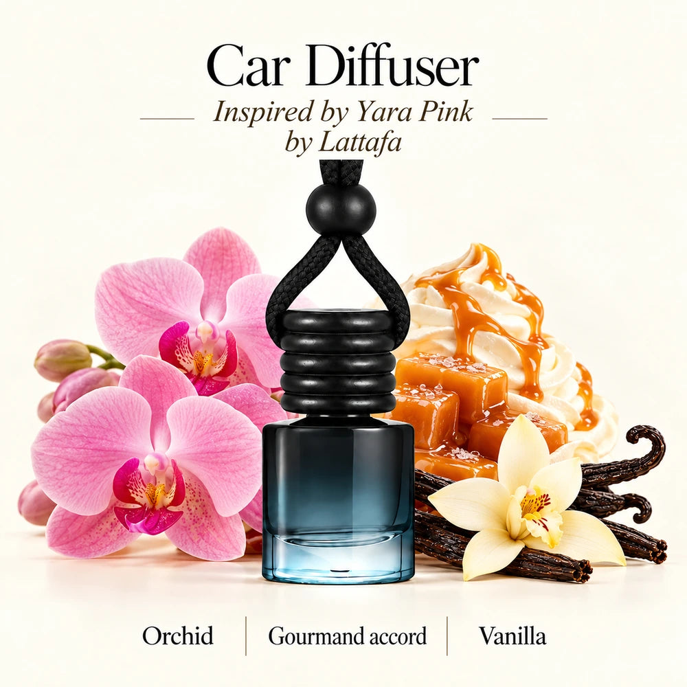 Yara Pink Inspired by Lattafa car diffuser with Orchid, Gourmand accord, Vanilla scent imagery by Ancient Wellness