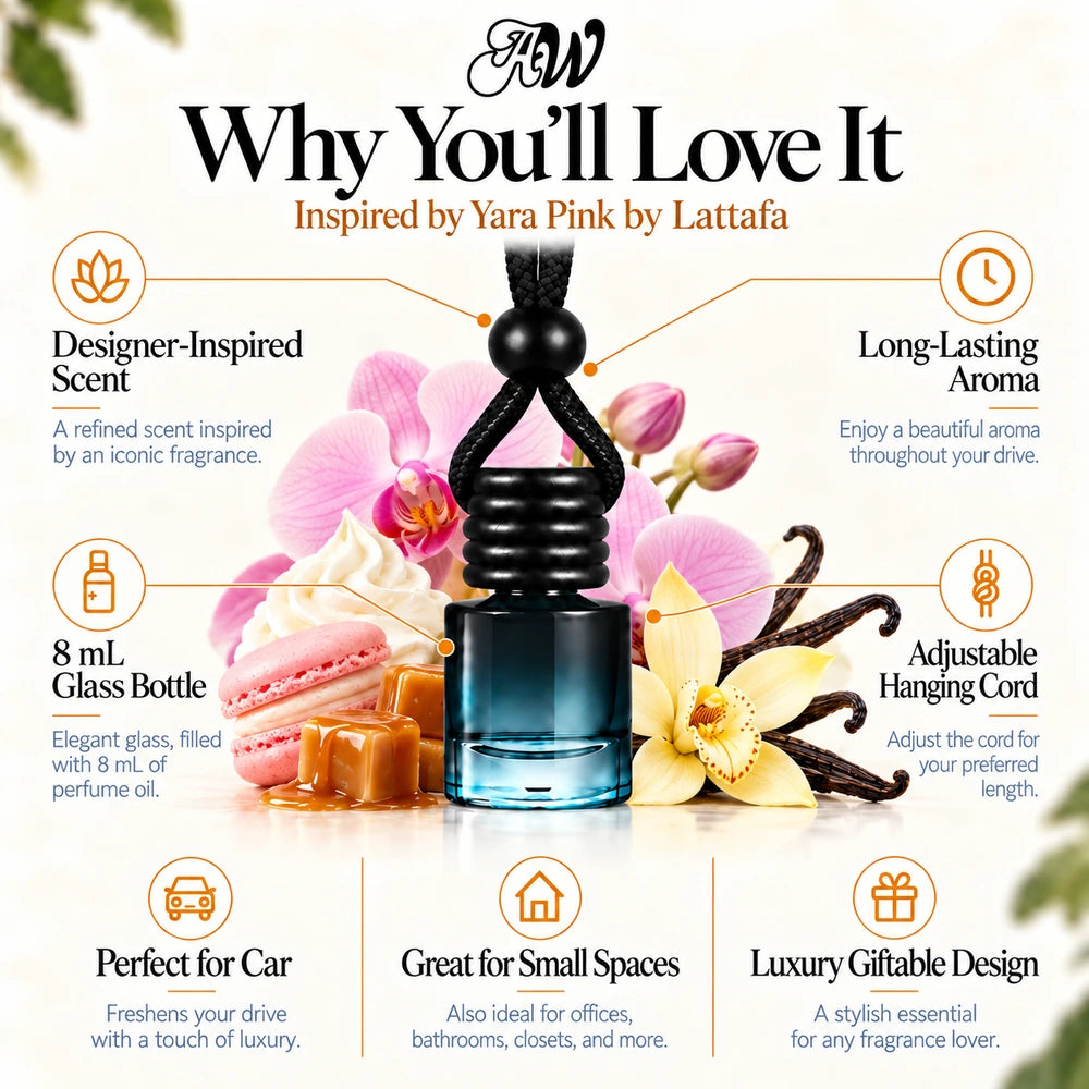 Yara Pink car diffuser benefits infographic with Orchid, Gourmand accord, Vanilla imagery by Ancient Wellness