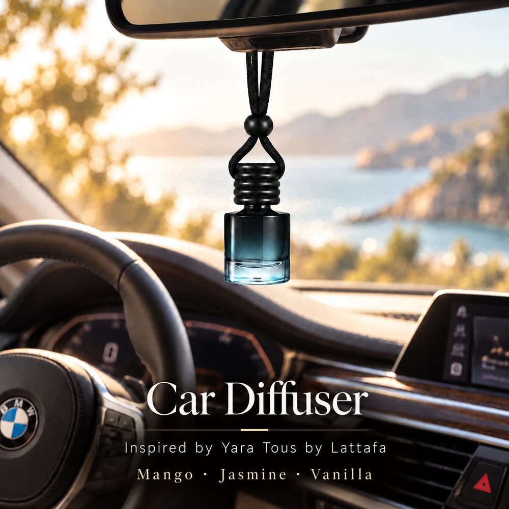 Yara Tous Inspired by Lattafa car diffuser hanging in a BMW interior with Mango, Jasmine, Vanilla notes
