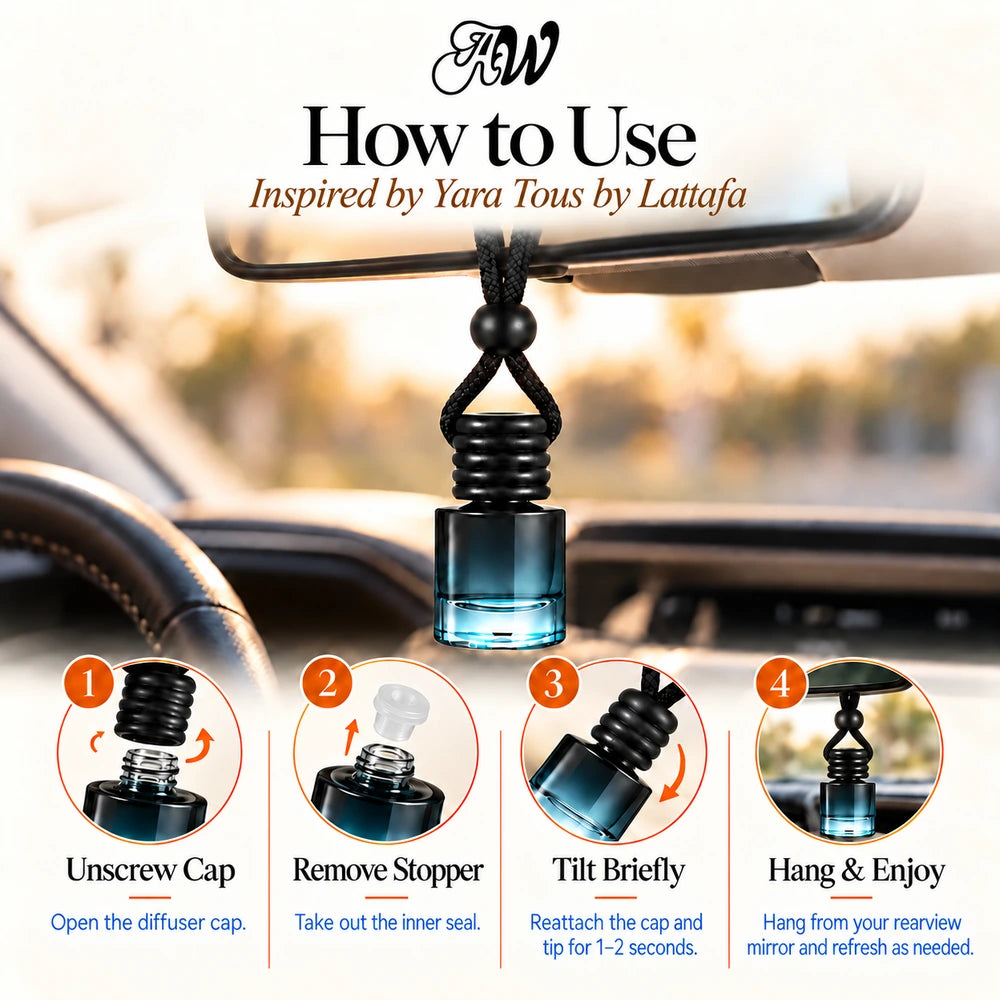 Yara Tous car diffuser hanging in a car with four illustrated setup steps