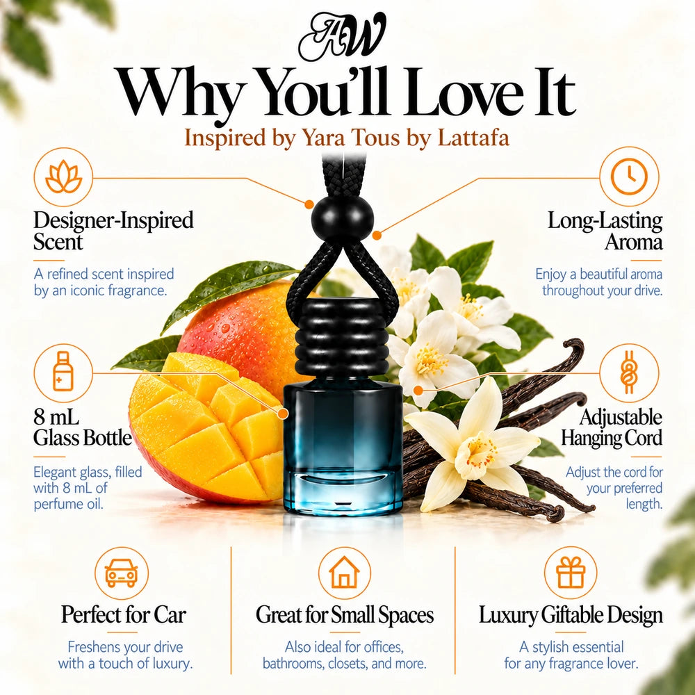 Yara Tous car diffuser benefits infographic with Mango, Jasmine, Vanilla imagery by Ancient Wellness