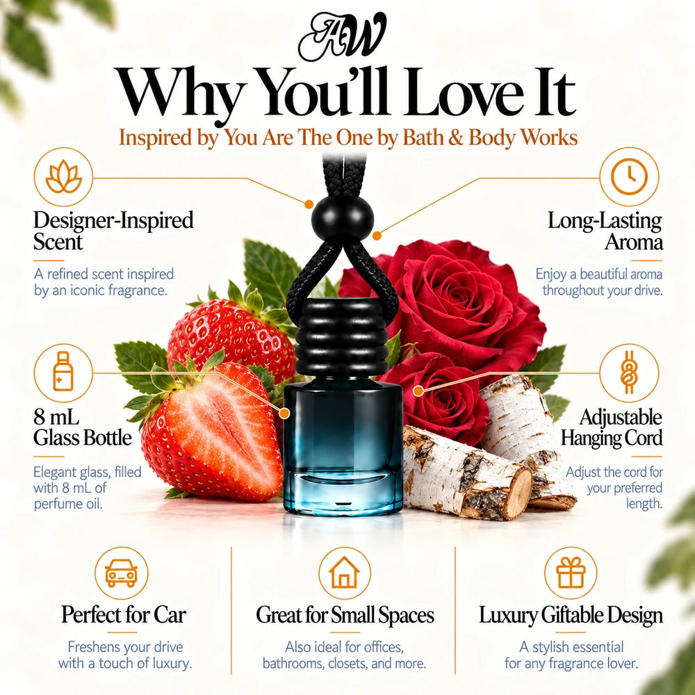 You Are The One car diffuser benefits infographic with Strawberry Nectar, Velvety Rose, White Birch imagery by Ancient Wellness