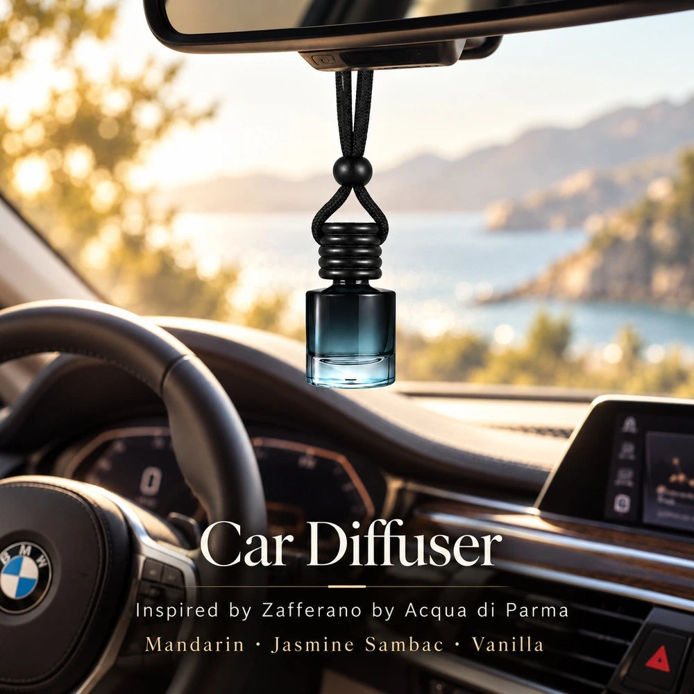 Ancient Wellness Zafferano car diffuser hanging from a rearview mirror in a BMW interior
