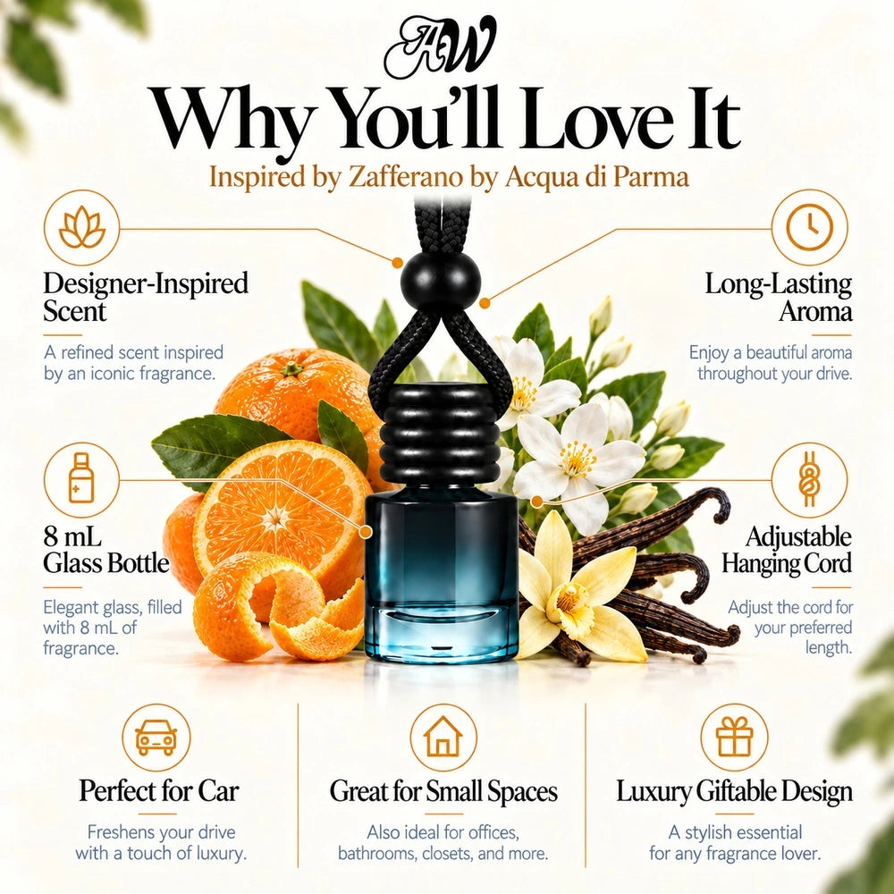 Zafferano car diffuser benefits infographic with mandarin, jasmine sambac and vanilla imagery by Ancient Wellness